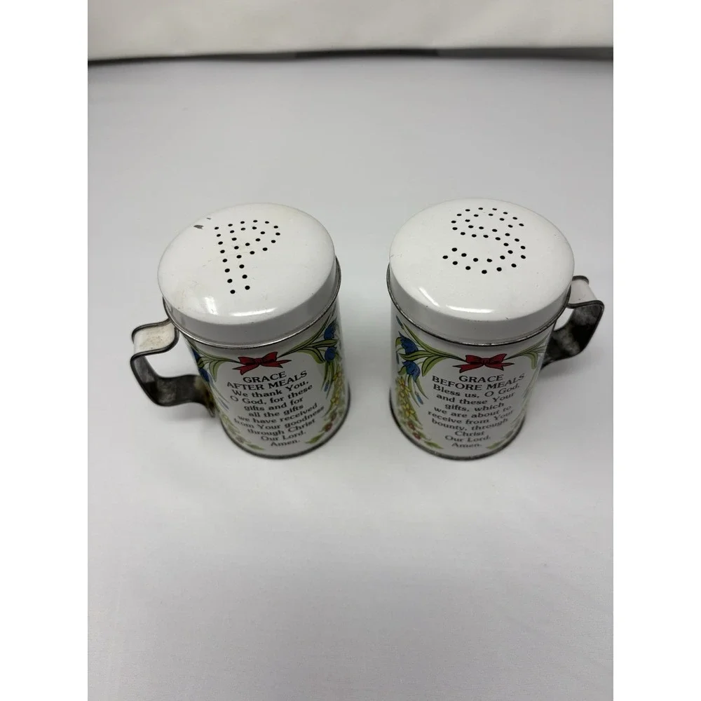 Vintage Tin Salt & Pepper Shakers Grace Before & After Meal Prayers 1950 MCM